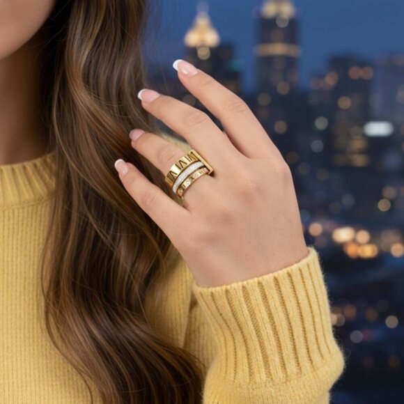 🆕️ Roman Numeral 3-in-1 Spinner Ring 18K Gold Plated Stainless Steel CZ Sz 7.5 - Picture 8 of 14